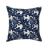 Fox - Sleepy Gray Foxes (navy, peach leaves) Baby Nursery Woodland Animals Kids Childrens Bedding N6, ROTATED