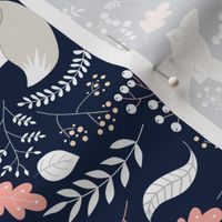 Fox - Sleepy Gray Foxes (navy, peach leaves) Baby Nursery Woodland Animals Kids Childrens Bedding N6, ROTATED