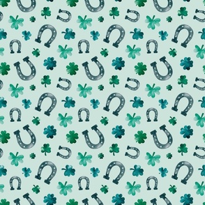 Watercolor Horseshoes and Shamrocks on Blue 6 inch