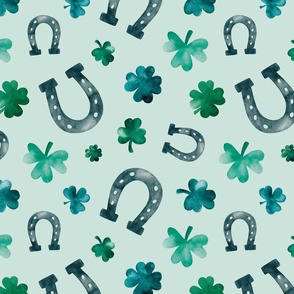 Watercolor Horseshoes and Shamrocks on Blue 12 inch