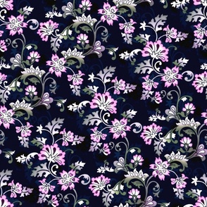 Art Nouveau Floral Night Vines in Pink and Green on Midnight Blue