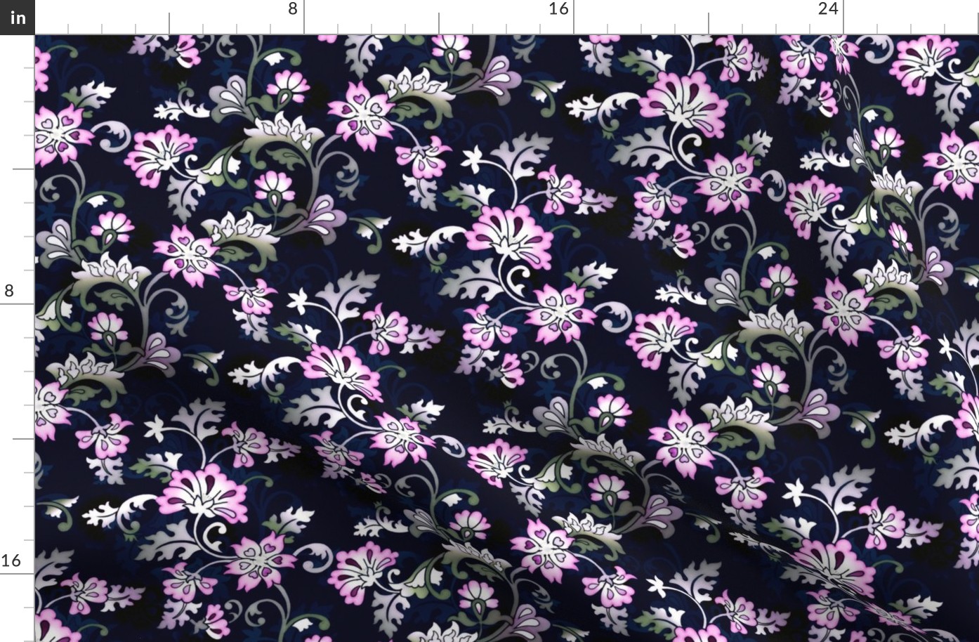 Art Nouveau Floral Night Vines in Pink and Green on Midnight Blue