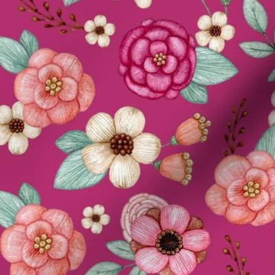 Large Scale Spring Flowers on Raspberry Pink