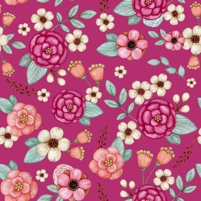 Large Scale Spring Flowers on Raspberry Pink