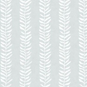 Botanical Block Print, White on Topsail | Leaf pattern fabric from original block print, soft aqua blue, neutral decor, block printed plant fabric, blue-green and white.