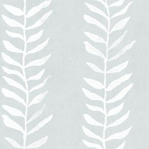 Botanical Block Print, White on Topsail (xl scale) | Leaf pattern fabric from original block print, soft aqua blue, neutral decor, block printed plant fabric, blue-green and white.