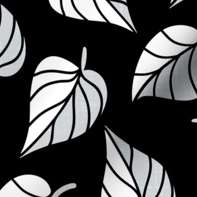 Leaves in White and Grey on Black Background 