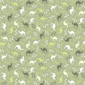 Desert Camel Silhouettes and Footprints Tossed Honeydew Green #D4E88B