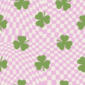 MEDIUM checkerboard shamrock st. patricks day fabric - pink and green