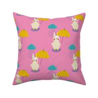 Mid Mod Rain Bunny with yellow umbrella and rain boots - kids fabric - pink - large