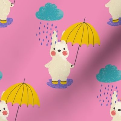 Mid Mod Rain Bunny with yellow umbrella and rain boots - kids fabric - pink - large