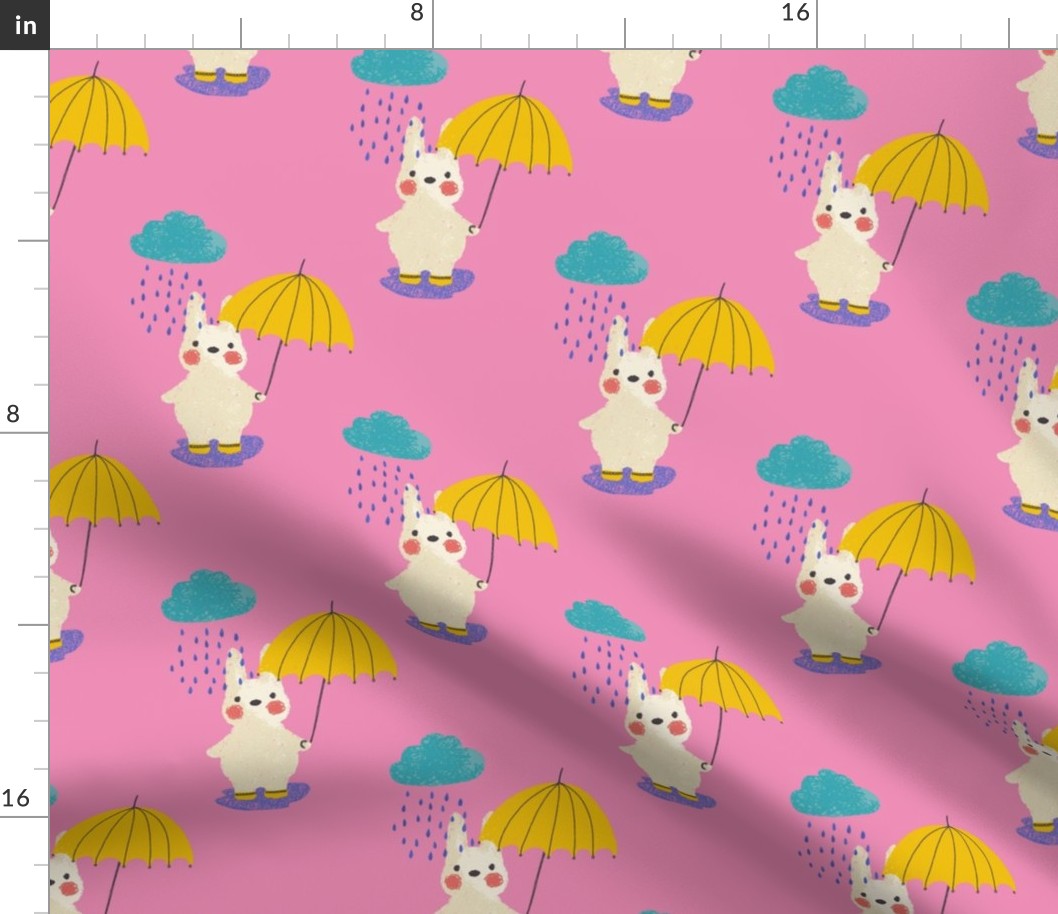 Mid Mod Rain Bunny with yellow umbrella and rain boots - kids fabric - pink - large
