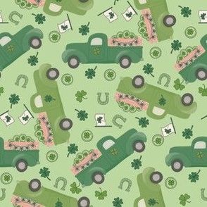 SMALL  st. patricks day truck fabric - cute green trucks shamrocks