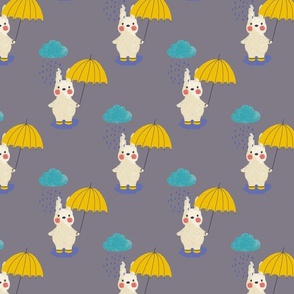 Mid Mod Rain Bunny with yellow umbrella and rain boots - kids fabric - gray grey - large