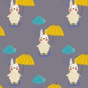 Mid Mod Rain Bunny with yellow umbrella and rain boots - kids fabric - gray grey - medium