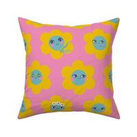 Medium 60s Flower Power Daisy Ladies - 60s mod - yellow on pink - retro floral 