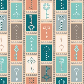 Cross Stitch Keys in Beachy Coral and Teal