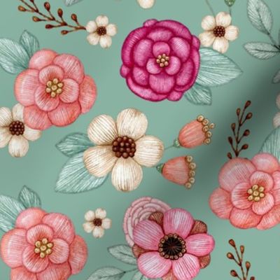 Large Scale Spring Flowers in Fuchsia Pink and Coral on Sage Green