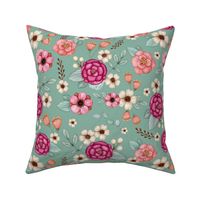 Large Scale Spring Flowers in Fuchsia Pink and Coral on Sage Green