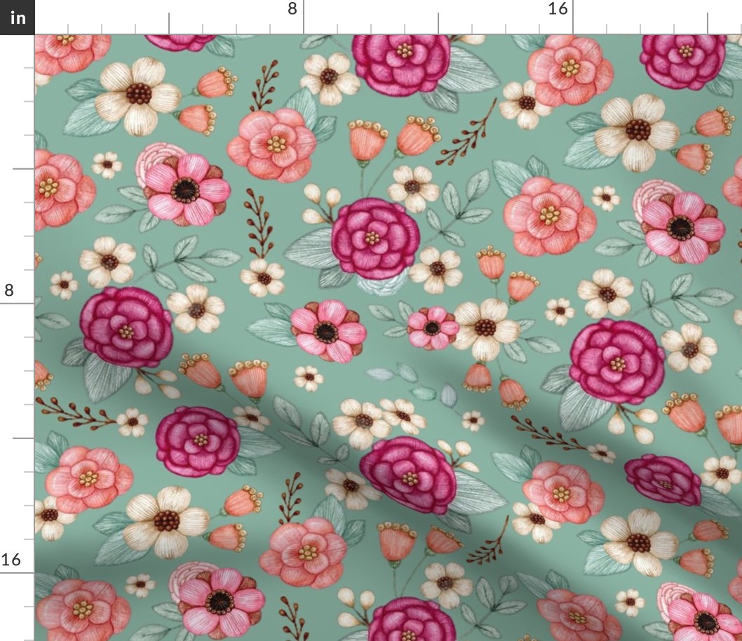 Large Scale Spring Flowers in Fuchsia Pink and Coral on Sage Green