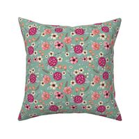 Medium Scale Spring Flowers in Fuchsia Pink and Coral on Sage Green