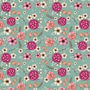 Small Scale Spring Flowers in Fuchsia Pink and Coral on Sage Green