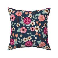 Large Scale Spring Flowers in Fuchsia Pink and Coral on Navy