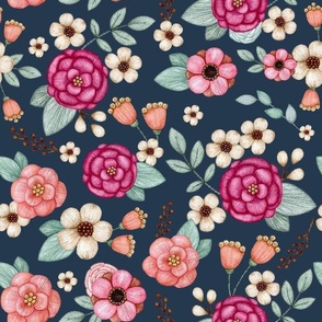 Large Scale Spring Flowers in Fuchsia Pink and Coral on Navy