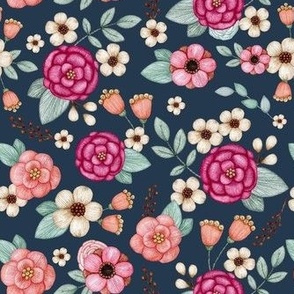 Medium Scale Spring Flowers in Fuchsia Pink and Coral on Navy