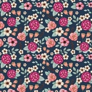 Small Scale Spring Flowers in Fuchsia Pink and Coral on Navy