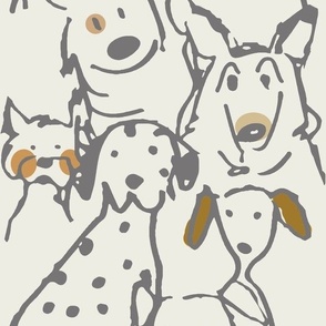 Neutral Pop Doodle Dogs, Charcoal Gray Outline, 12 in x 24 in repeat scale