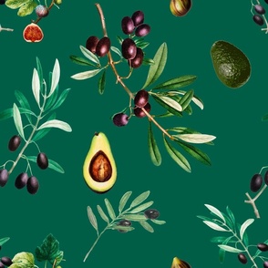 Olives,mediterranean art,figs,avocado,vintage art
