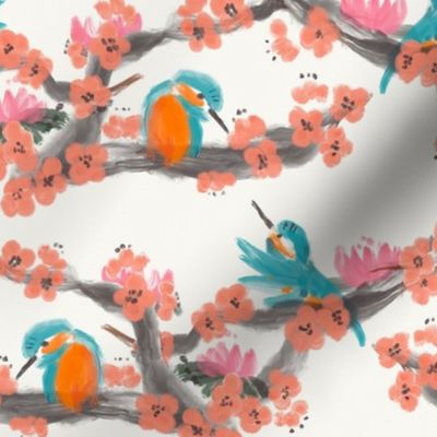 Orange and Teal Kingfisher Birds on Branches with Plum Blossoms Chinese Brush Painting