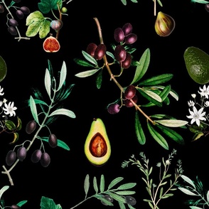 Olives,mediterranean art,figs,avocado,vintage art