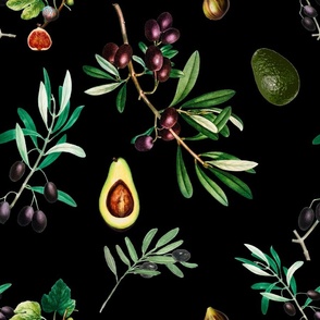 Olives,mediterranean art,figs,avocado,vintage art