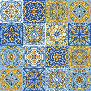 Majolica Tiles in Blue, Gold, and White