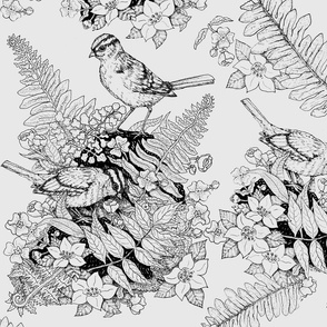 Crowned Birds And Garden Ferns Gray Toille