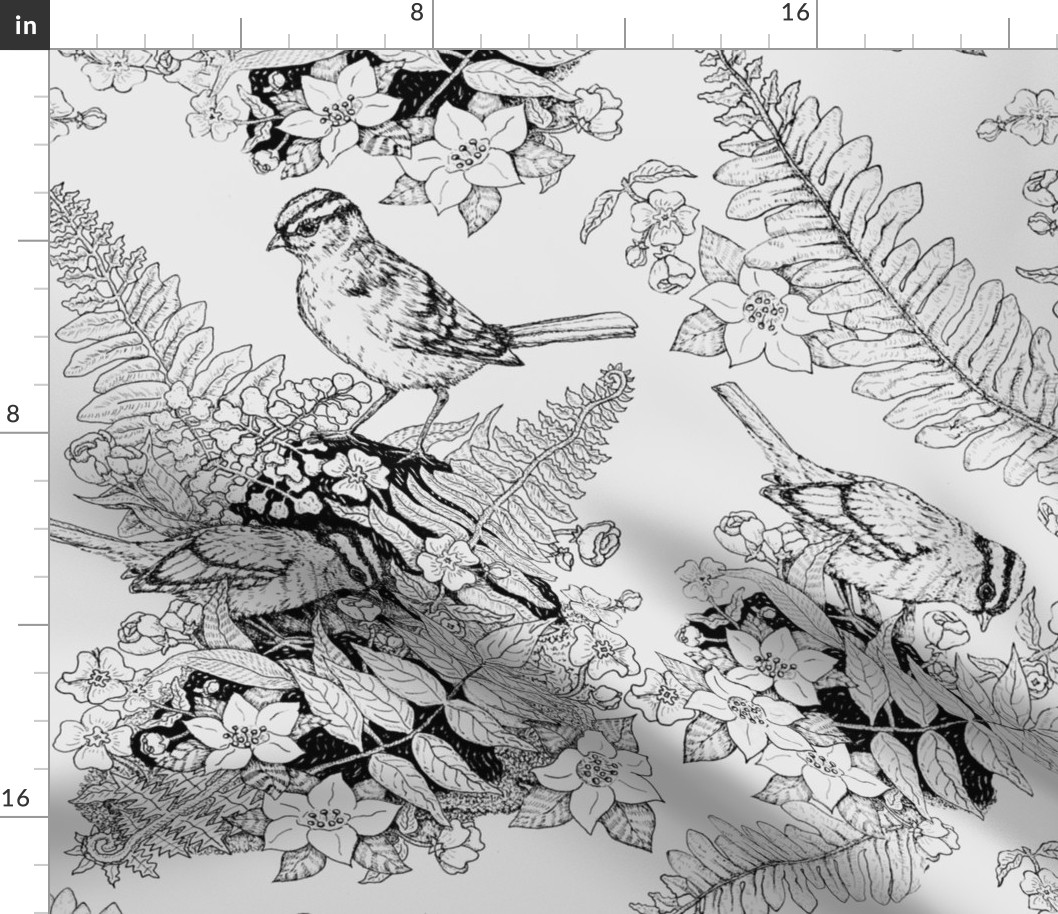 Crowned Birds And Garden Ferns Gray Toille