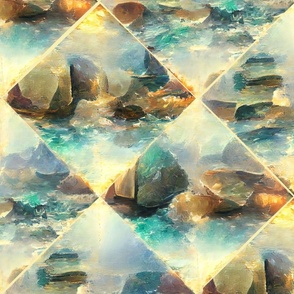 sea stones, sun illuminates, diamonds, abstract art, yellow, aquamarine, light