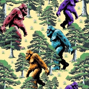 Pop Art Sasquatch Yeti, Green Pine Tree Forest, Rainbow Colors Mythical Big Foot Monster, Mad Bigfoot Comedy, Funky Woodland Forest Sasquatch Party, Hysterical Yeti Humor, Absurd Bigfoot Outdoor Tramping, Wacky Sasquatch Woodland Forest Tree Walking 