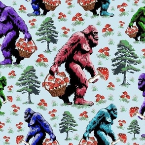 Red White Mushroom Fungi Forest, Colorful Sasquatch Bigfoot Yeti Monster, Mythical Cryptid Creatures, Eccentric Yeti Fun, Whimsical Bigfoot Walking, Quirky Sasquatch Foraging Mushrooms Comedy, Weird Yeti Prank Creature, Funny Outrageous Bigfoot Humor