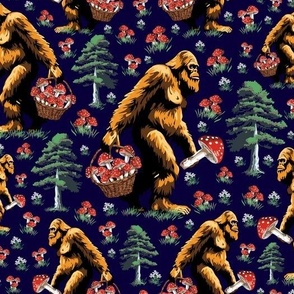 Night Time Sasquatch in Forest Collecting Mushrooms, Whimsical Creature Foraging Red and White Toadstool, Humorous Bigfoot Yeti Monster