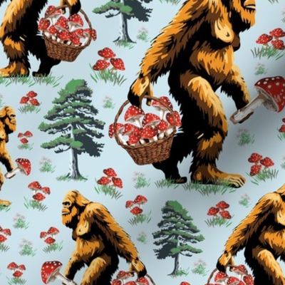 Mythical Monster Foraging Red and White Toadstool Mushroom, Humorous Bigfoot Yeti Monster, Mythical Cryptid Creature in Forest, Sasquatch in Forest Collecting Mushrooms, Whimsical Creature Foraging Red and White Toadstool, Humorous Kids Bigfoot Yeti Monst