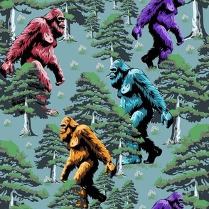 Whimsical Sasquatch Big Foot Mythical Animal, Pine Tree Forest Rainbow Colors Fabric, Yeti Monster on Blue (Large Scale)