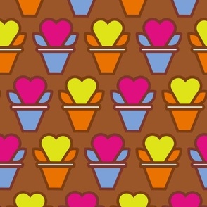 blue, yellow, orange, maroon flower design on brown background