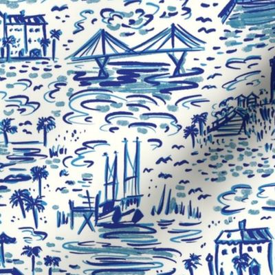 toile navy and light blue Charleston landmarks