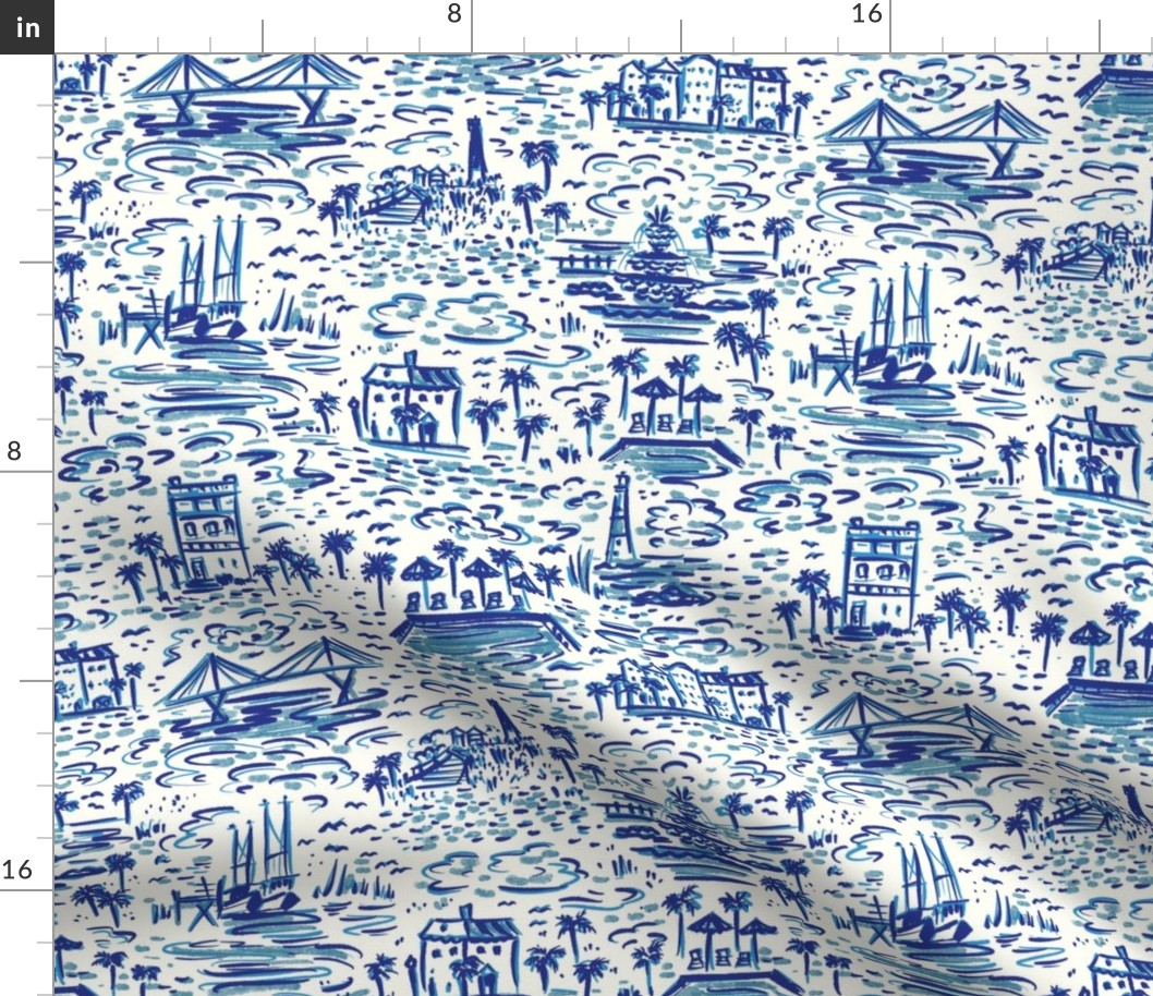 toile navy and light blue Charleston landmarks