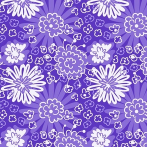 Large and small doodle flowers in purple and white
