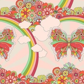 Pink and peach retro print of a whimsical garden for girls room - flowers, butterflies and rainbow -  small.