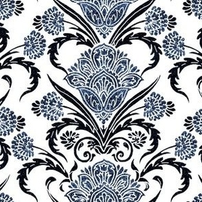 Batik Art Nouveau Floral in Wedgewood Blue Monochrome on White